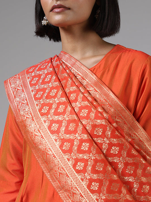 Vark Solid Orange Anarkali Kurta, Palazzos and Brocade Dupatta