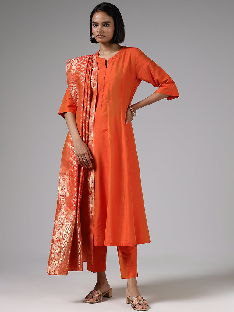 Vark Solid Orange Anarkali Kurta, Palazzos and Brocade Dupatta