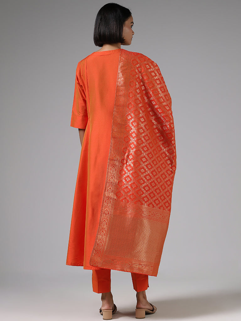 Vark Solid Orange Anarkali Kurta, Palazzos and Brocade Dupatta