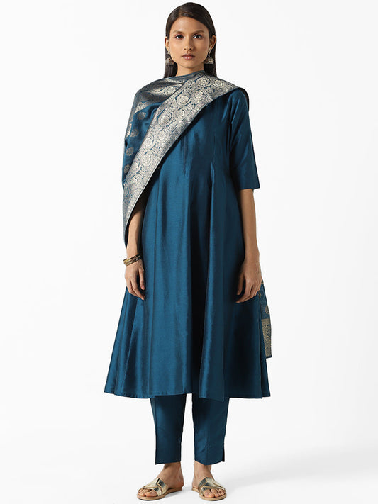 Vark Solid Navy Anarkali Kurta, Pants and Zari Dupatta Set