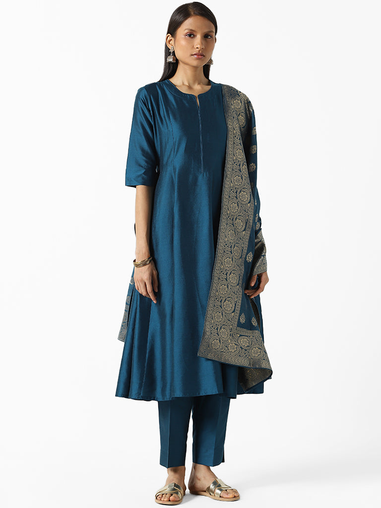 Vark Solid Navy Anarkali Kurta, Pants and Zari Dupatta Set