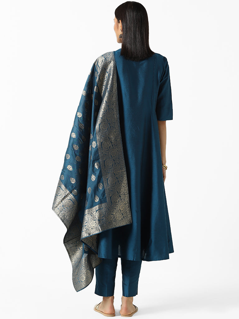 Vark Solid Navy Anarkali Kurta, Pants and Zari Dupatta Set