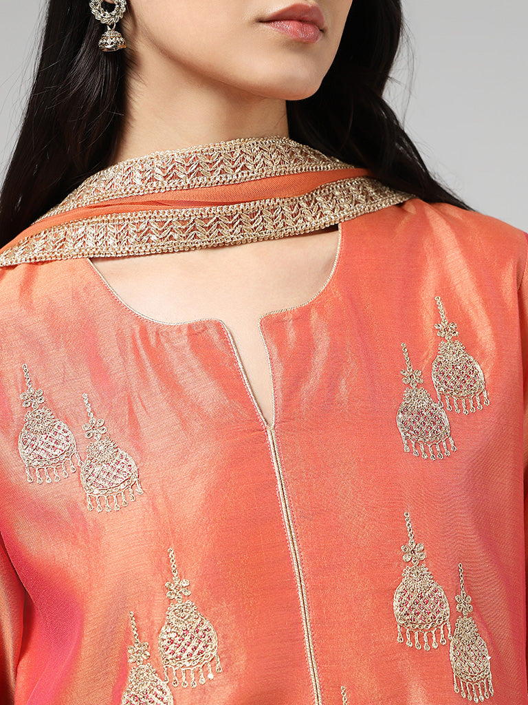 Vark Jumkha Embroidered Coral Kurta with Pants & Dupatta