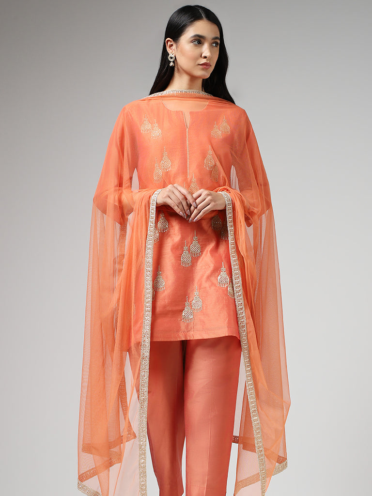 Vark Jumkha Embroidered Coral Kurta with Pants & Dupatta