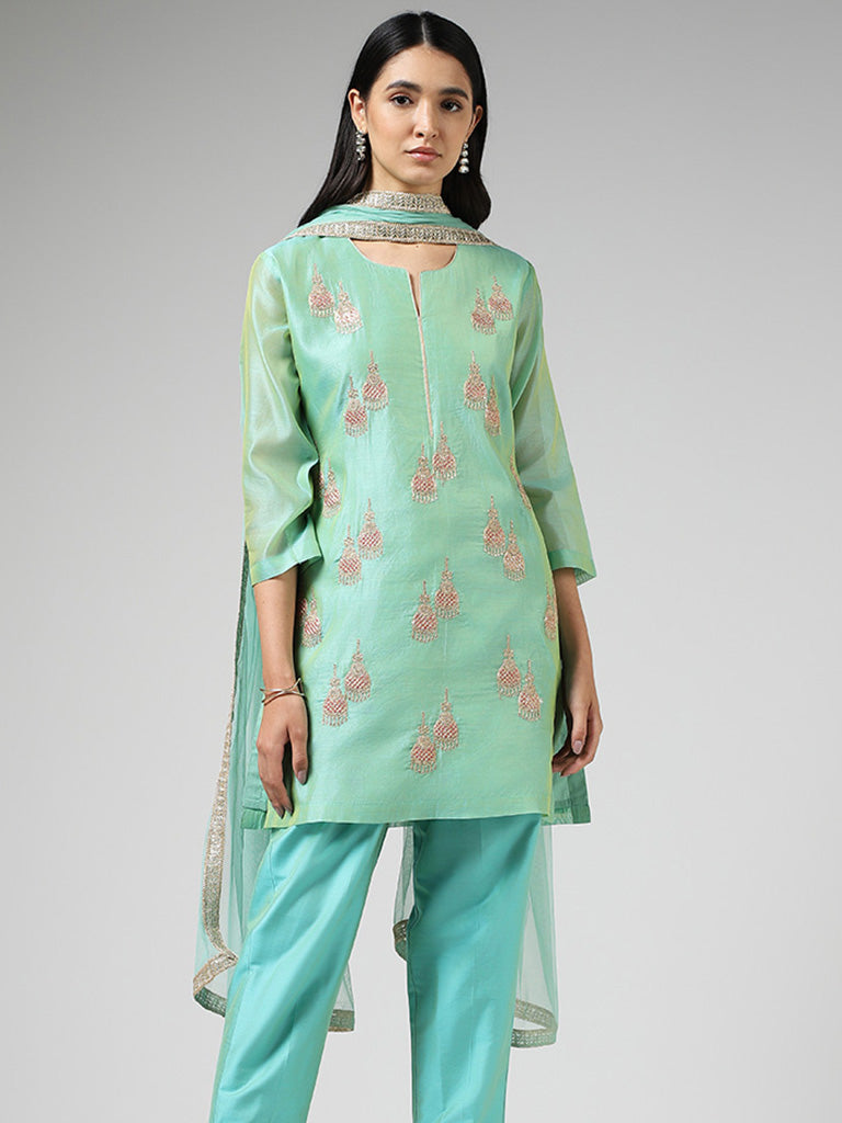 Vark Jumkha Embroidered Light Blue Kurta with Pants & Dupatta