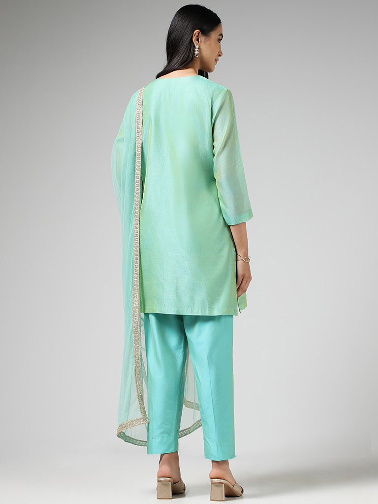 Vark Jumkha Embroidered Light Blue Kurta with Pants & Dupatta