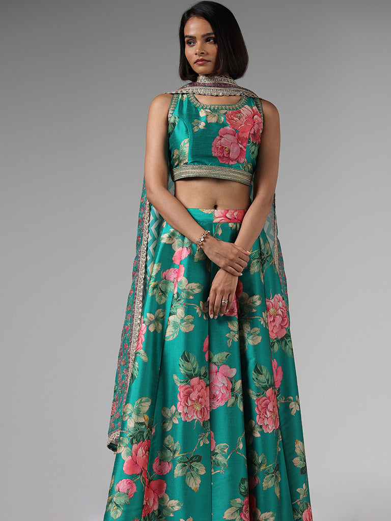 Vark Green Floral Printed Choli, Skirt & Dupatta Set