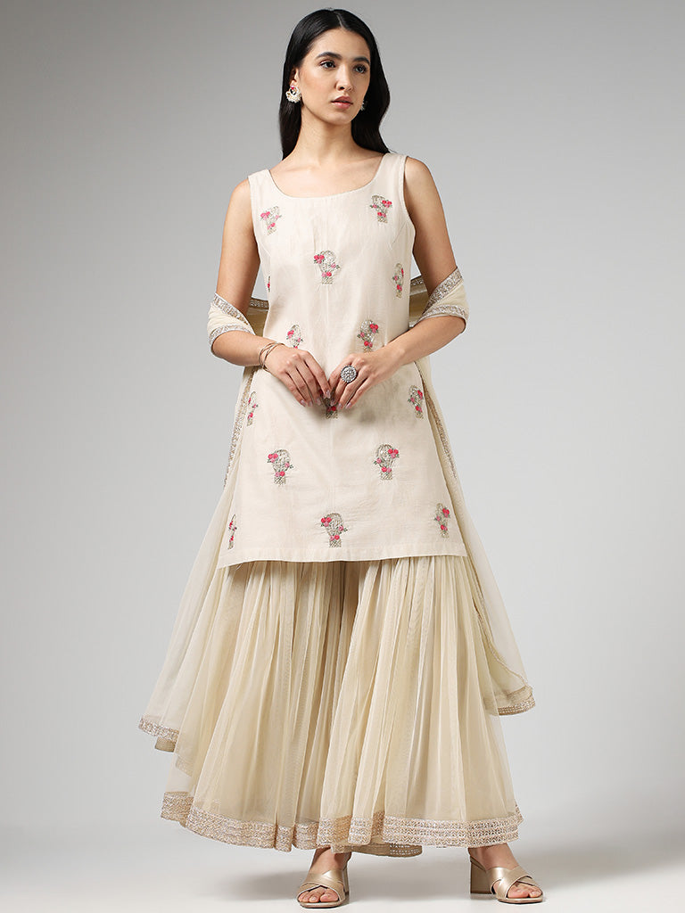 Vark Floral Embroidered Beige Kurta with Sharara & Dupatta