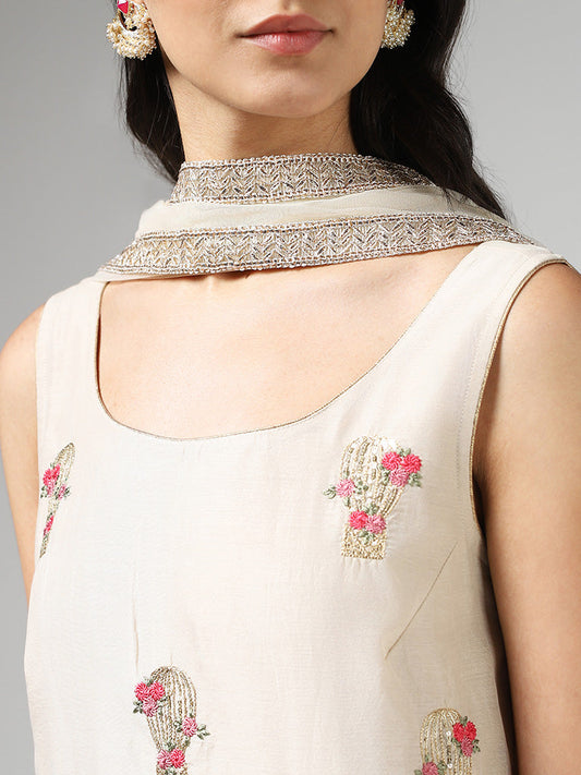 Vark Floral Embroidered Beige Kurta with Sharara & Dupatta