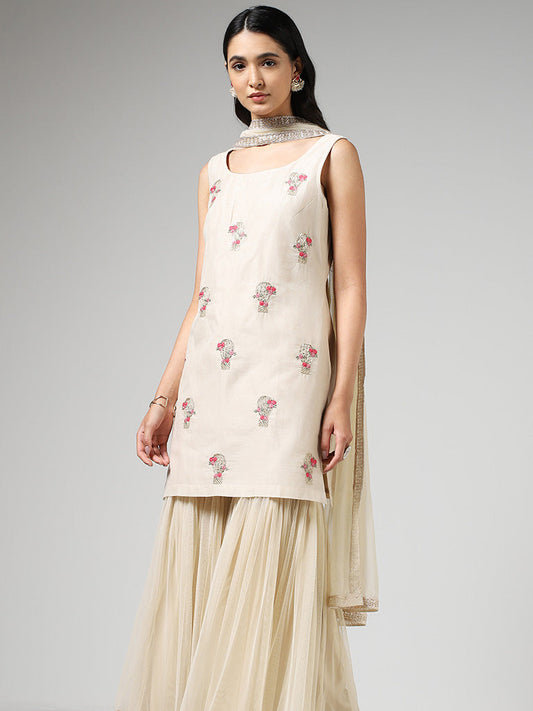 Vark Floral Embroidered Beige Kurta with Sharara & Dupatta