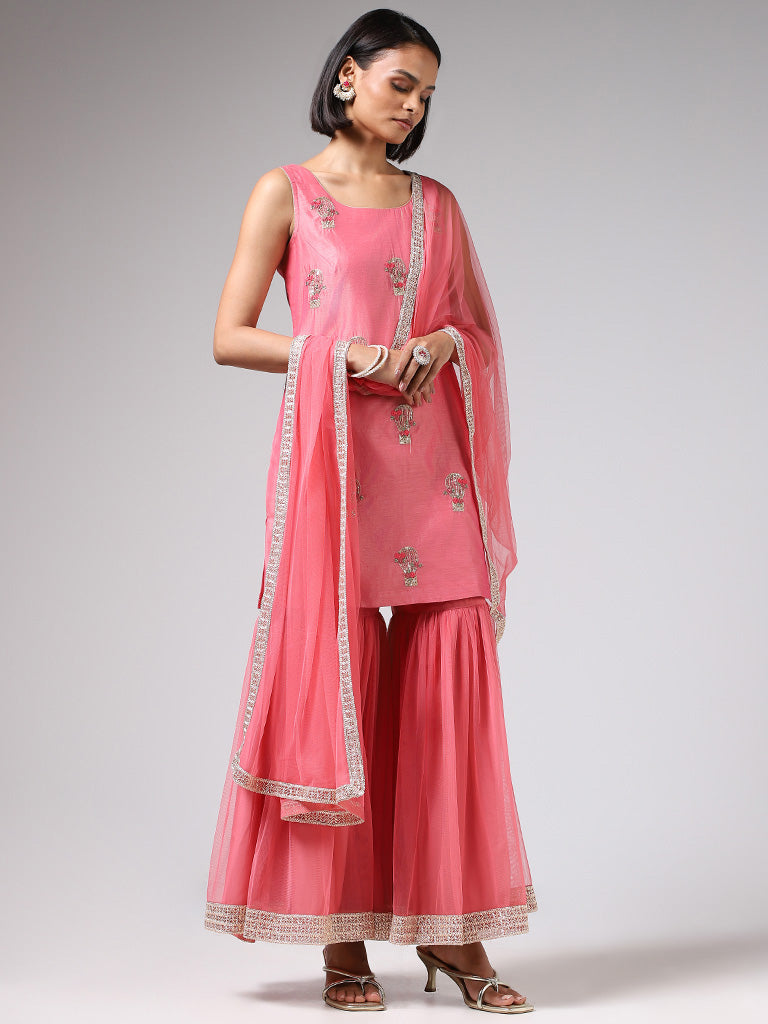 Vark Coral Sequin Embroidered Kurti, Sharara & Dupatta Set