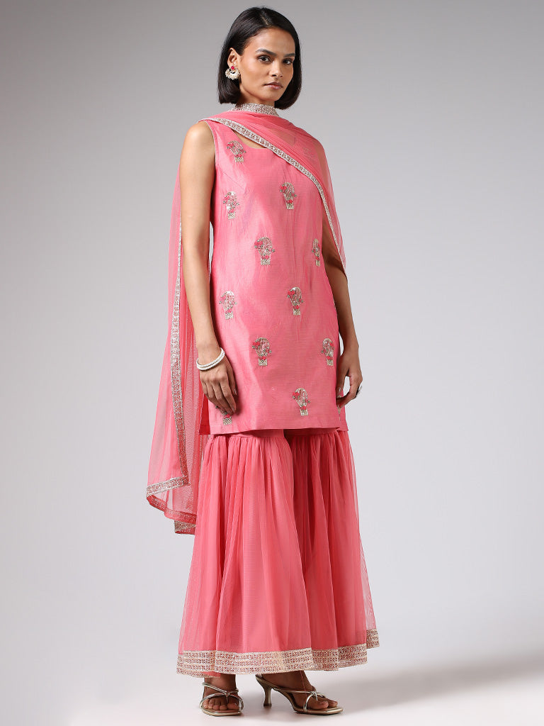 Vark Coral Sequin Embroidered Kurti, Sharara & Dupatta Set