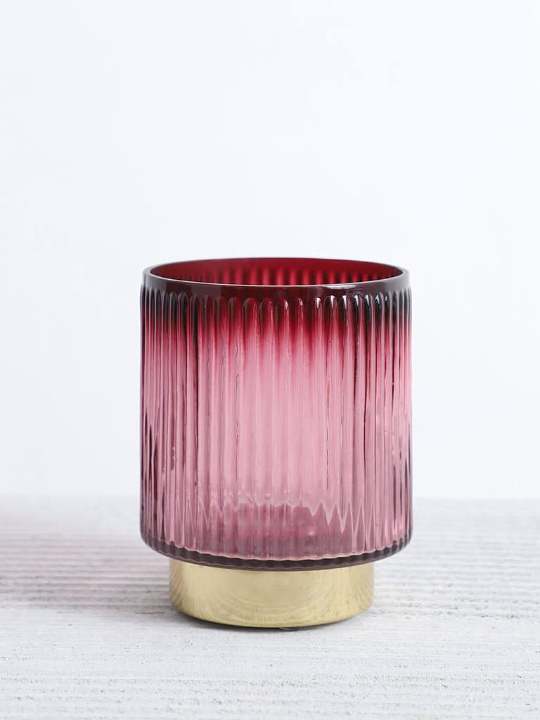 Westside Home Red Glass Ribbed Medium Candle Holder