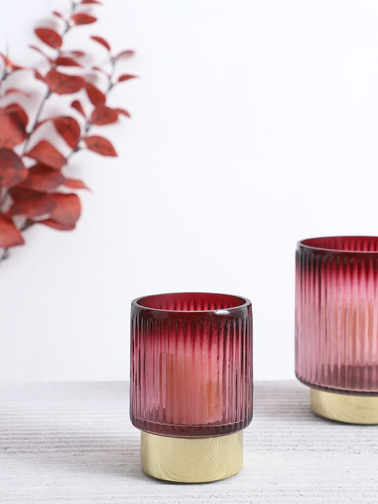 Westside Home Red Glass Ribbed Small Candle Holder