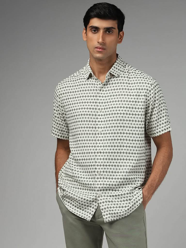 Ascot Sage Geometric Printed Relaxed-Fit Blended Linen Shirt