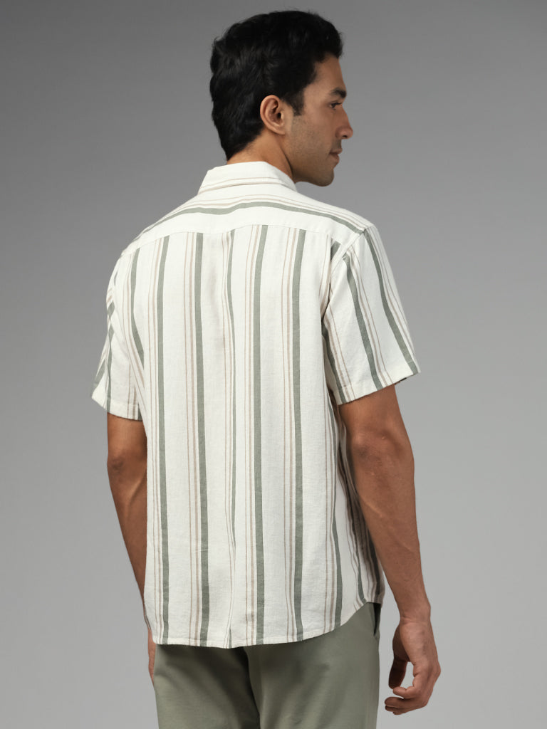 Ascot Striped Relaxed-Fit Off White Blended Linen Shirt