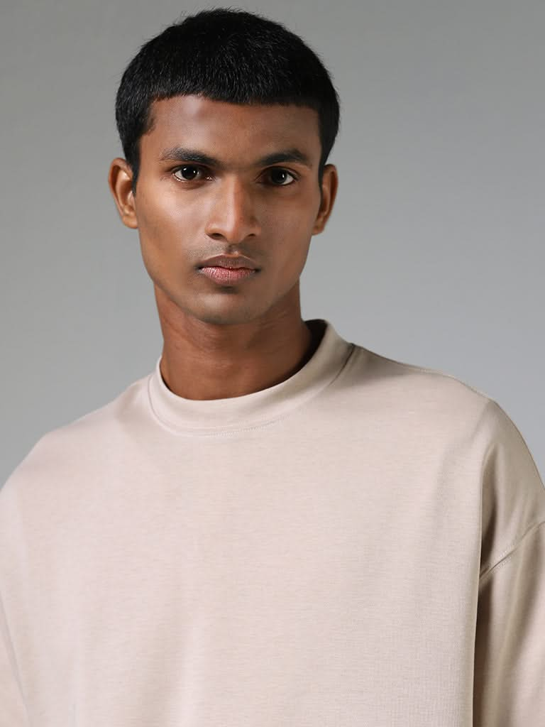 Studiofit Plain Beige Cotton Blend Relaxed-Fit T-Shirt