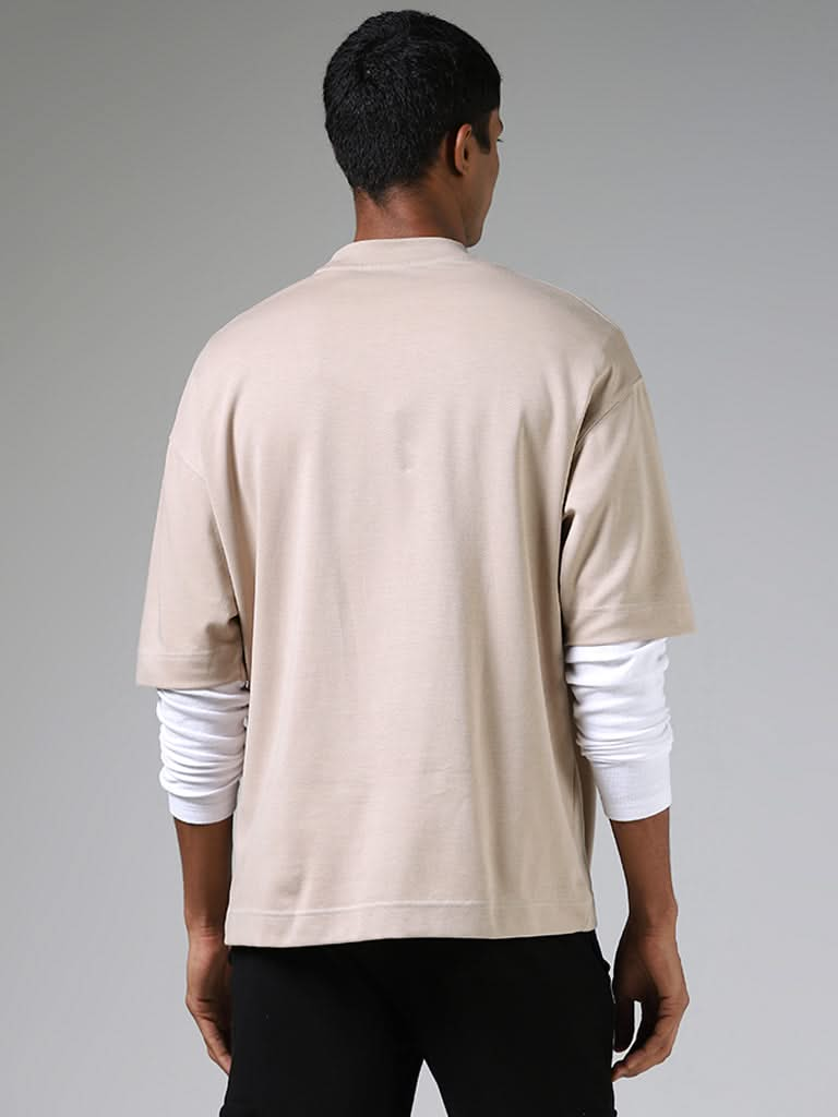 Studiofit Plain Beige Cotton Blend Relaxed-Fit T-Shirt