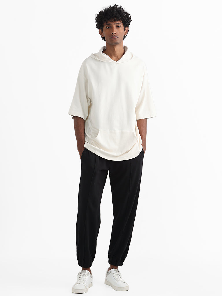 Studiofit Off White Cotton Relaxed-Fit Hoodie Sweatshirt