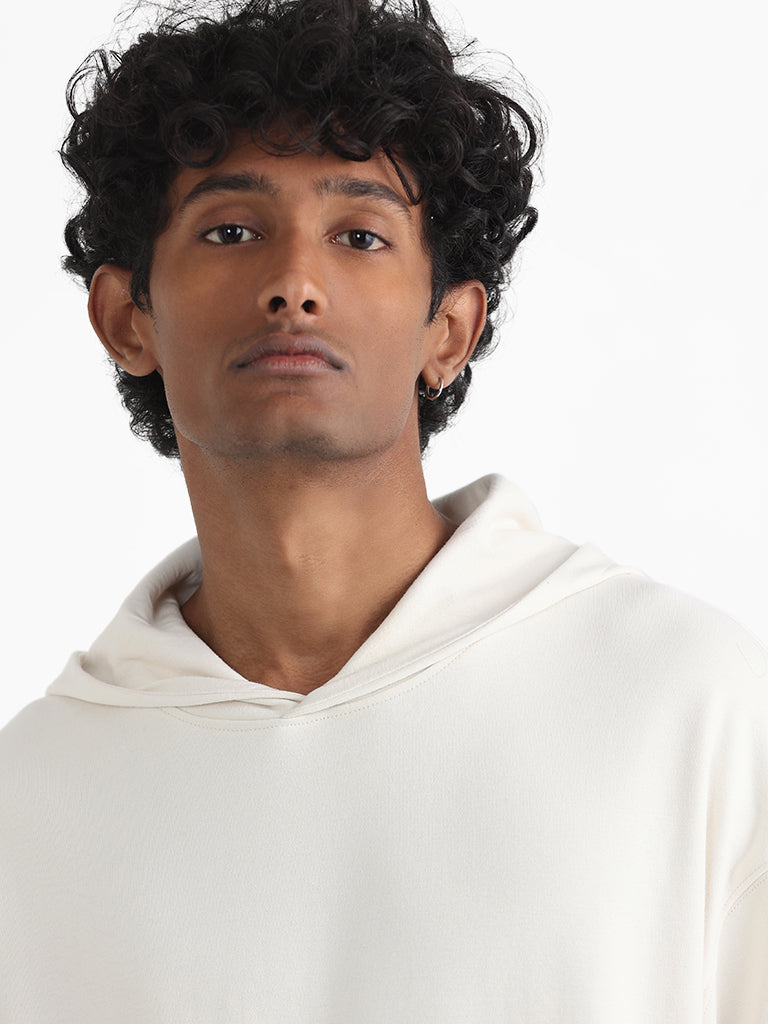 Studiofit Off White Cotton Relaxed-Fit Hoodie Sweatshirt