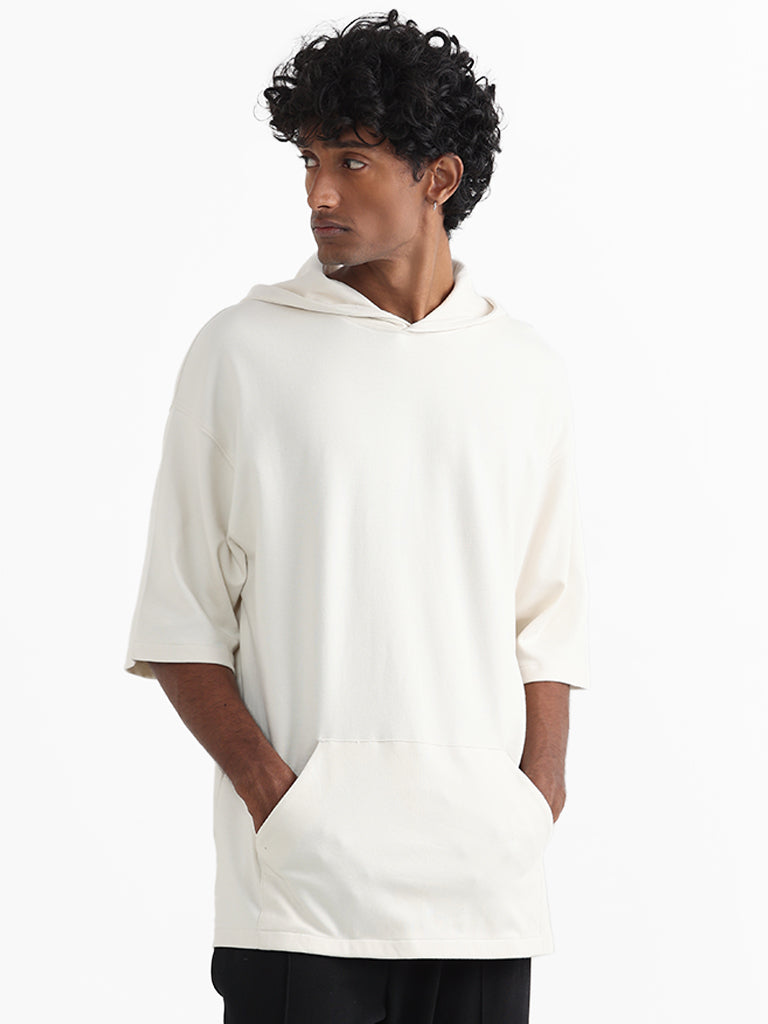 Studiofit Off White Cotton Relaxed-Fit Hoodie Sweatshirt