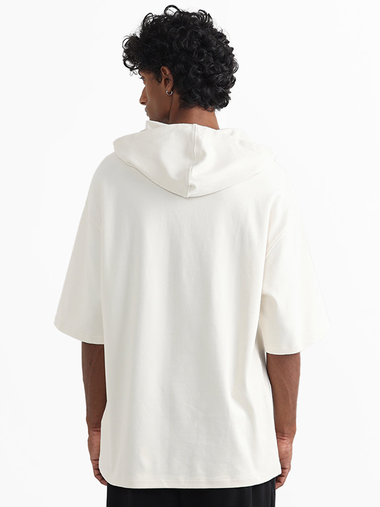 Studiofit Off White Cotton Relaxed-Fit Hoodie Sweatshirt