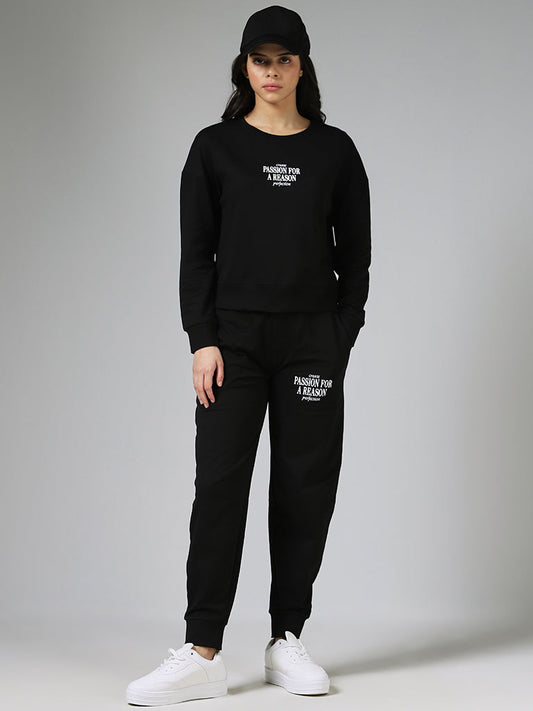 Studiofit Solid Black Cotton Ankle-Length Joggers