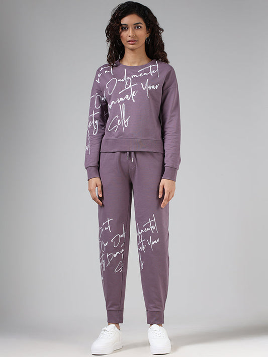 Studiofit Mauve Typographic Printed Cotton Joggers