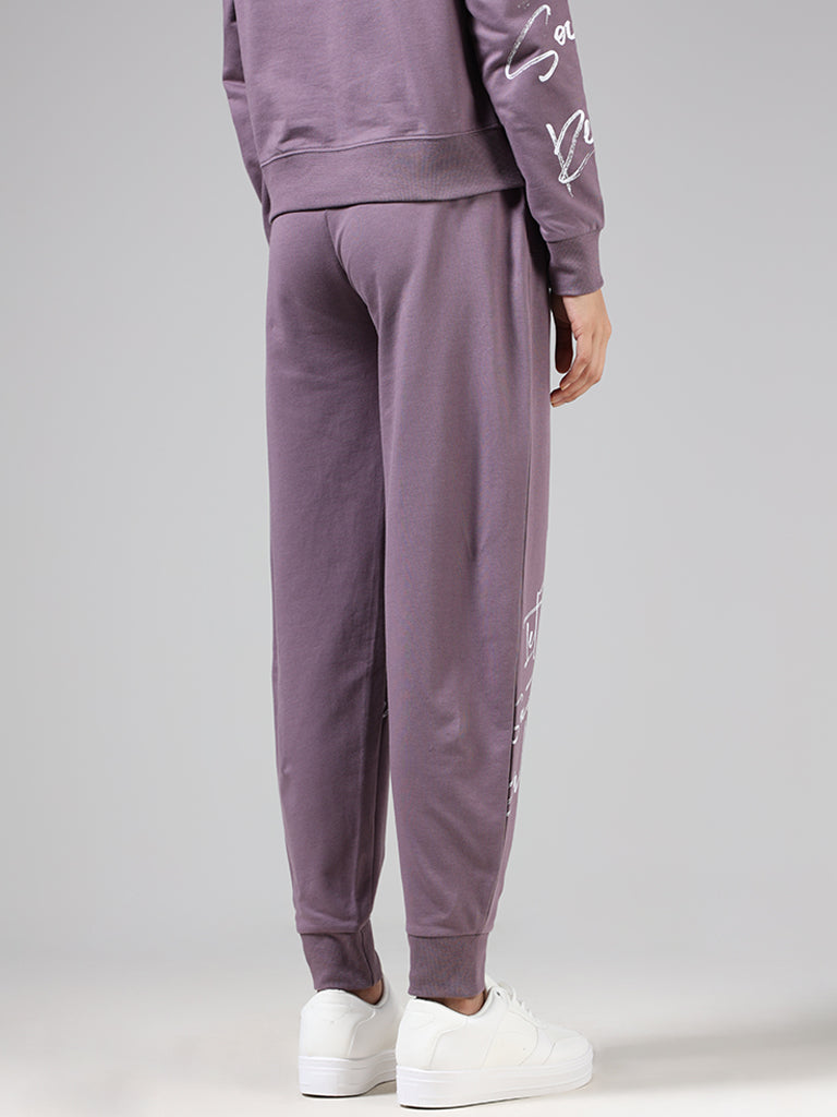 Studiofit Mauve Typographic Printed Cotton Joggers