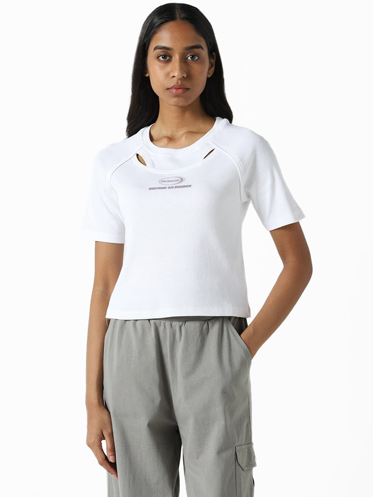 Studiofit Plain White Cut-Out Cotton Blend Crop T-Shirt