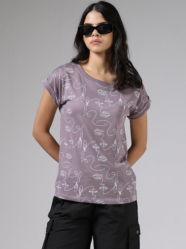 Studiofit Half Face Printed Light Grey Cotton T-Shirt