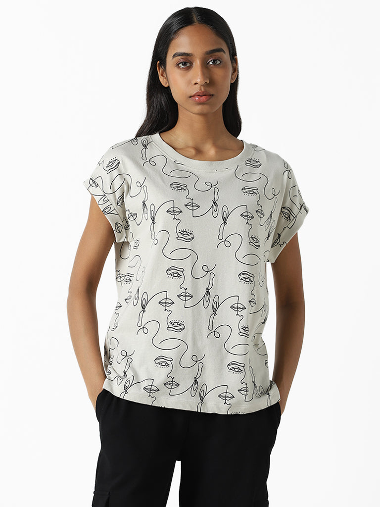 Studiofit Half-Face Printed Grey Cotton T-Shirt