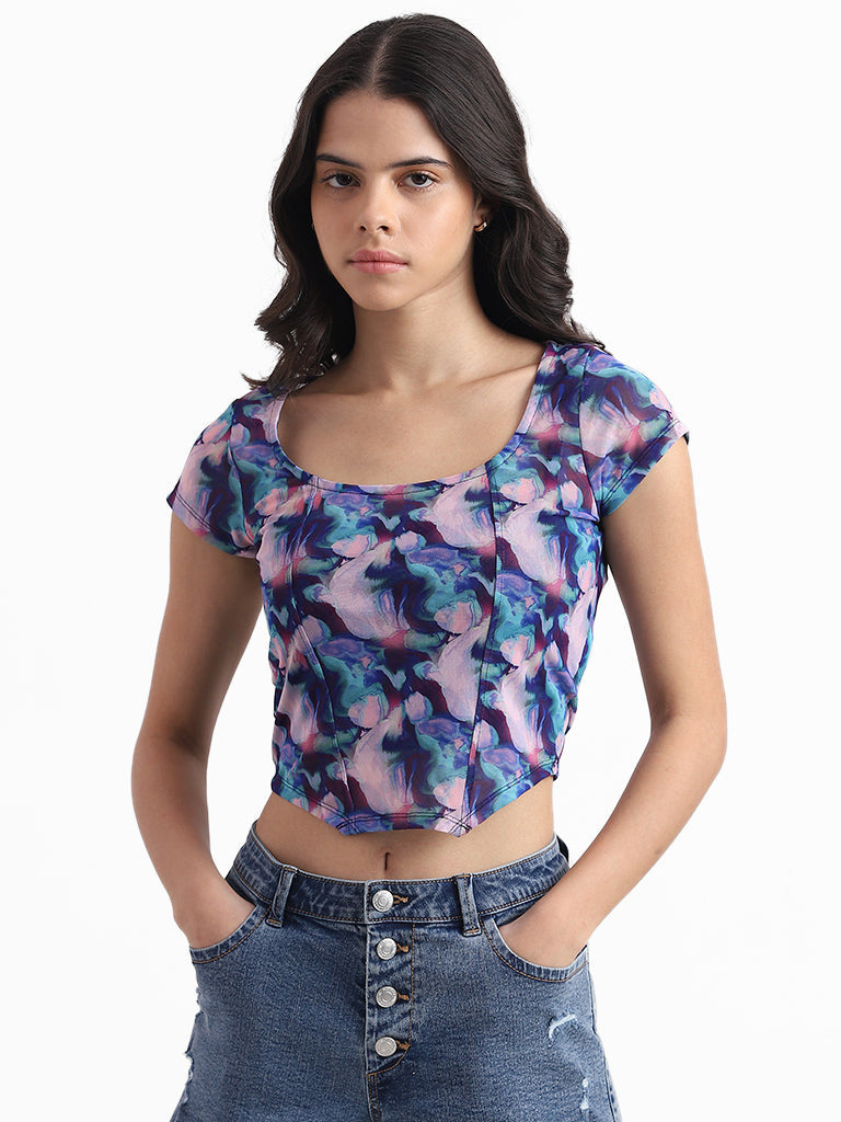 Nuon Purple Multicolor Printed Slim Fit Mesh Crop Top