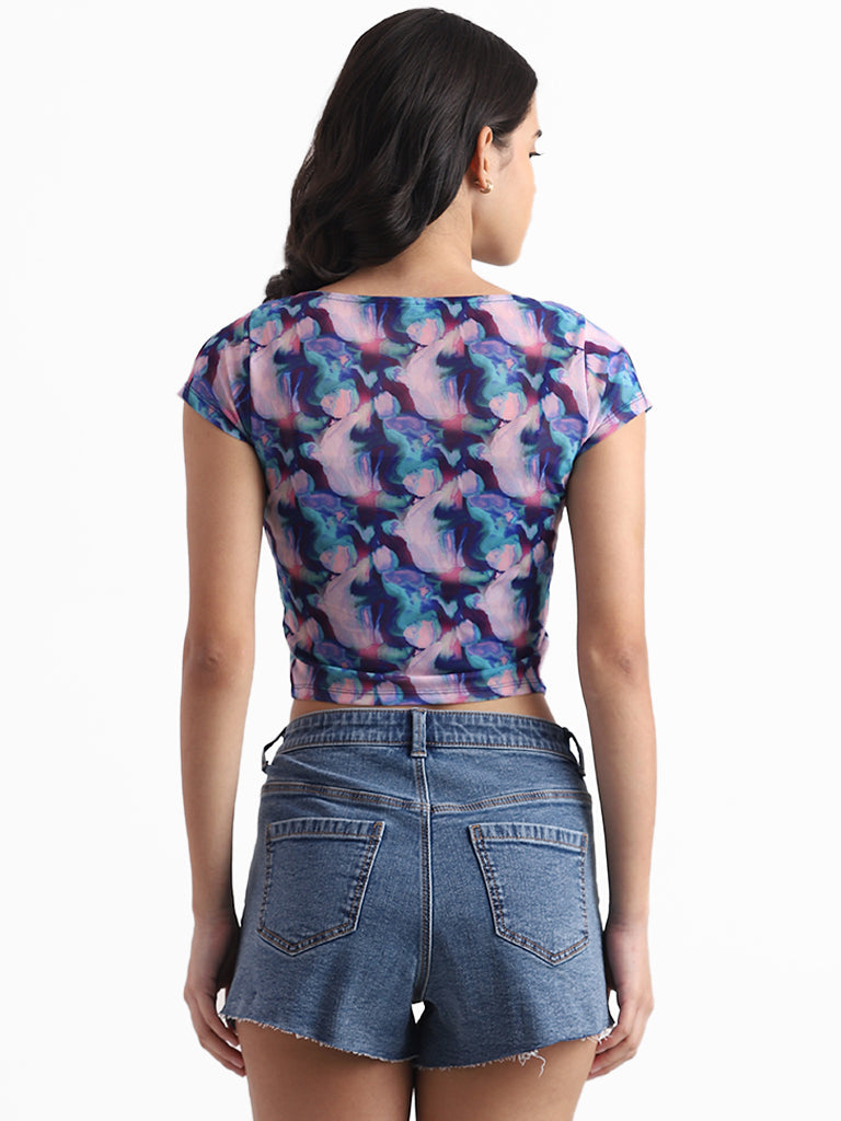 Nuon Purple Multicolor Printed Slim Fit Mesh Crop Top