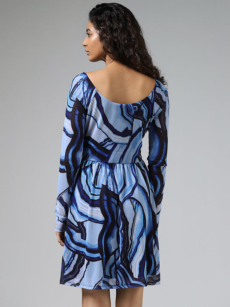 Nuon Blue Printed Fit & Flare Dress