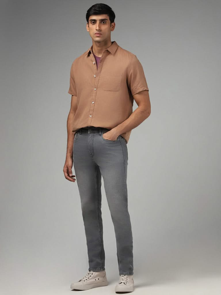 WES Casuals Solid Brown Slim-Fit Blended Linen Shirt