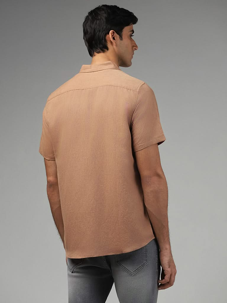 WES Casuals Solid Brown Slim-Fit Blended Linen Shirt