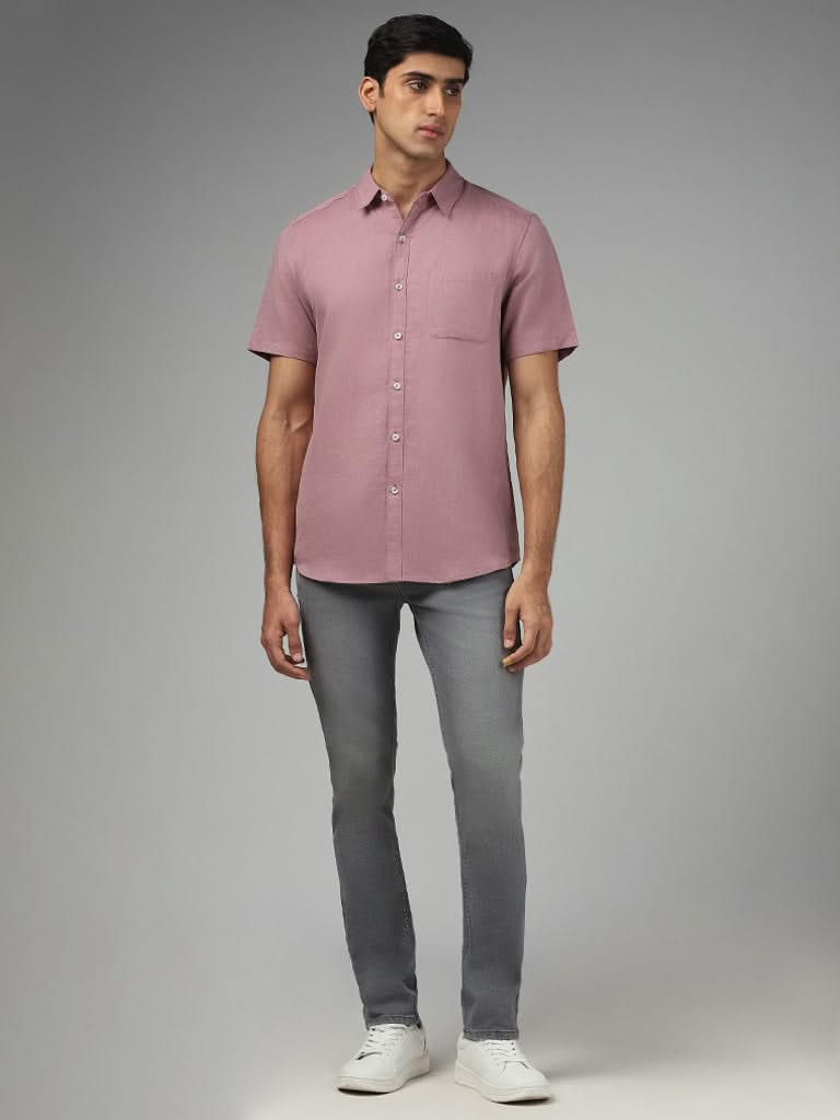 WES Casuals Solid Mauve Slim-Fit Blended Linen Shirt