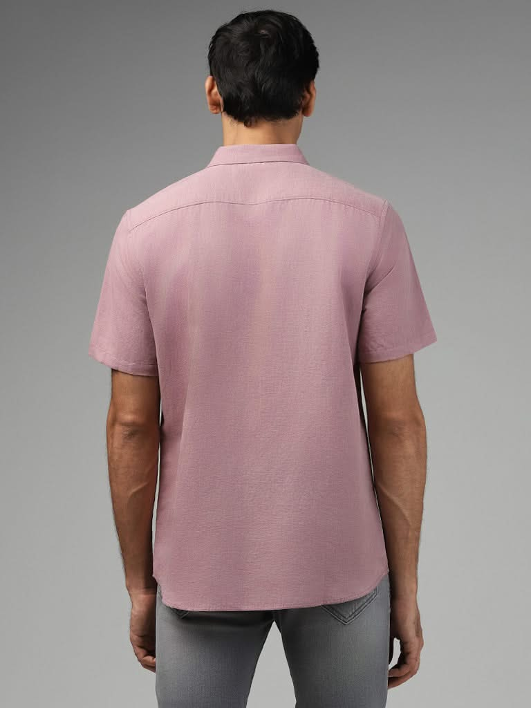 WES Casuals Solid Mauve Slim-Fit Blended Linen Shirt