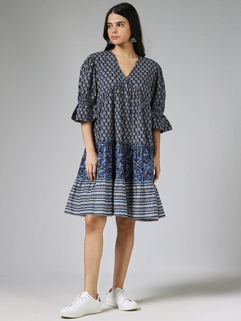 Bombay Paisley Navy Blue Motif Printed Cotton Dress