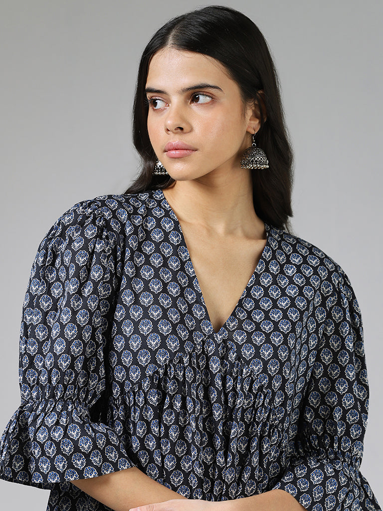 Bombay Paisley Navy Blue Motif Printed Cotton Dress