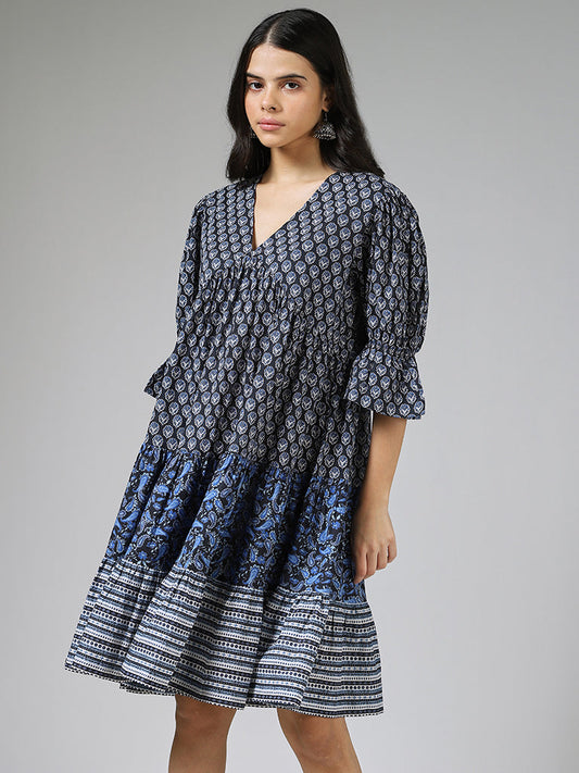 Bombay Paisley Navy Blue Motif Printed Cotton Dress