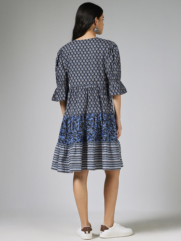 Bombay Paisley Navy Blue Motif Printed Cotton Dress