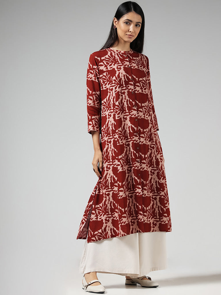 Utsa Brick Red Floral Printed Buttoned Down Kurta