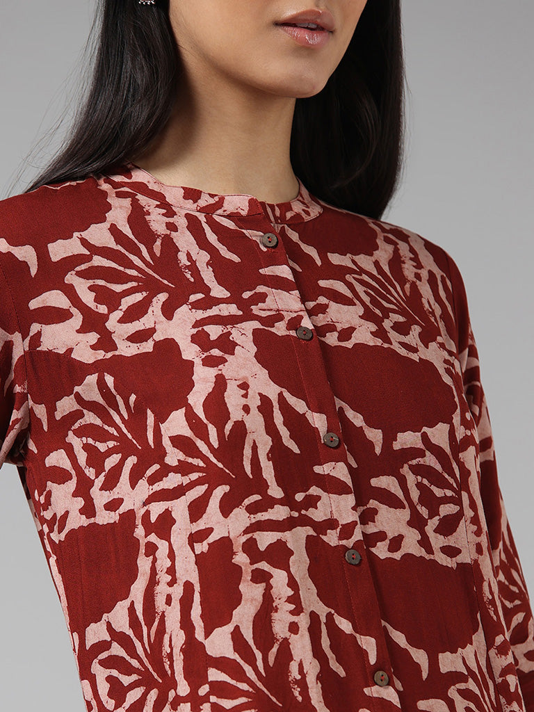 Utsa Brick Red Floral Printed Buttoned Down Kurta