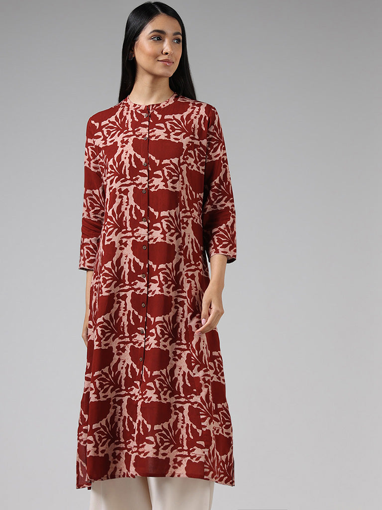 Utsa Brick Red Floral Printed Buttoned Down Kurta