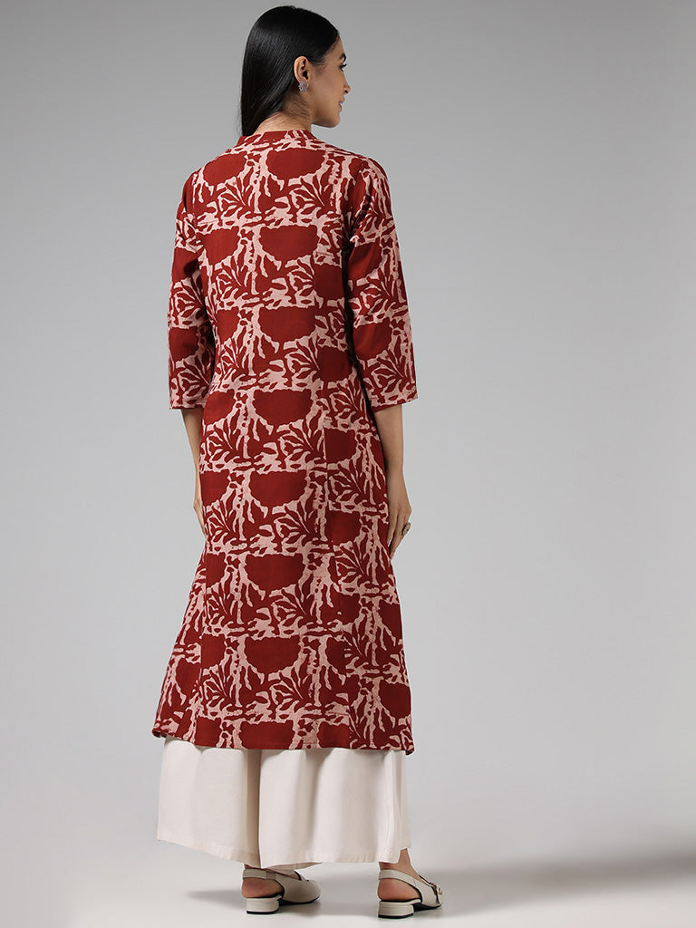 Utsa Brick Red Floral Printed Buttoned Down Kurta