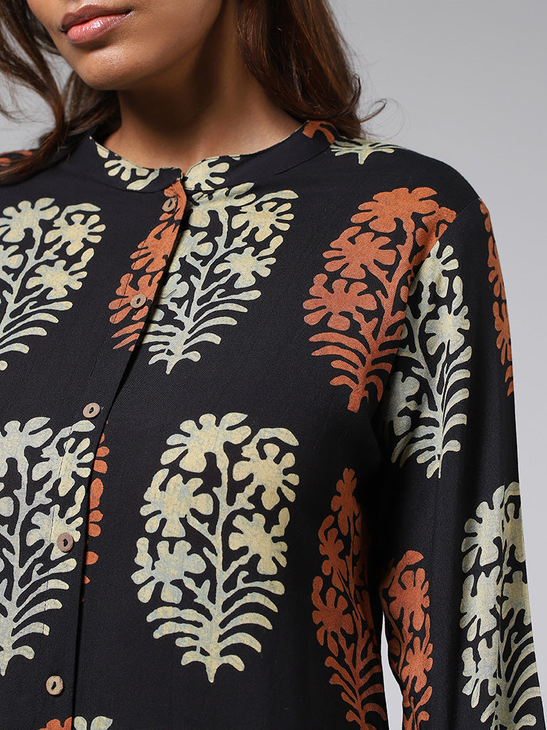 Utsa Black Buta Printed Cotton Buttoned Down Kurta