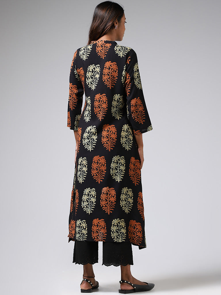 Utsa Black Buta Printed Cotton Buttoned Down Kurta