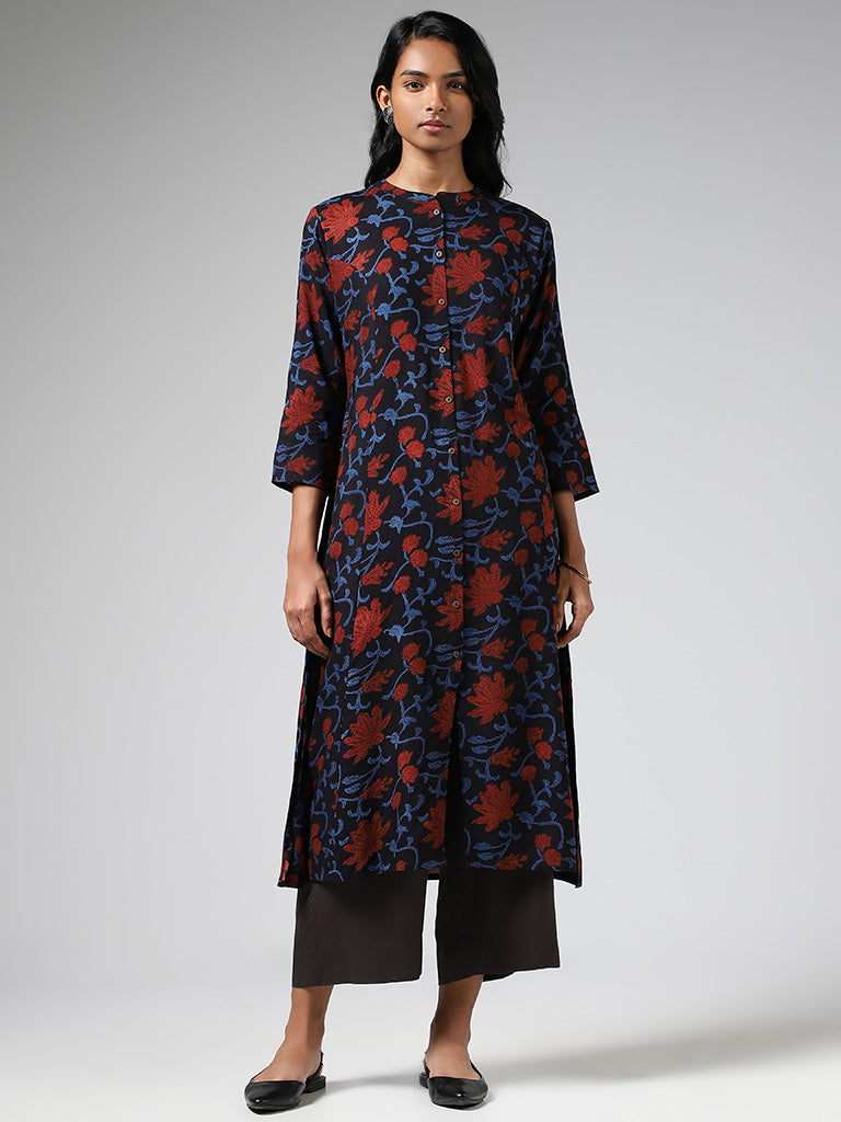 Utsa Black Floral Printed Buttoned Down Kurta